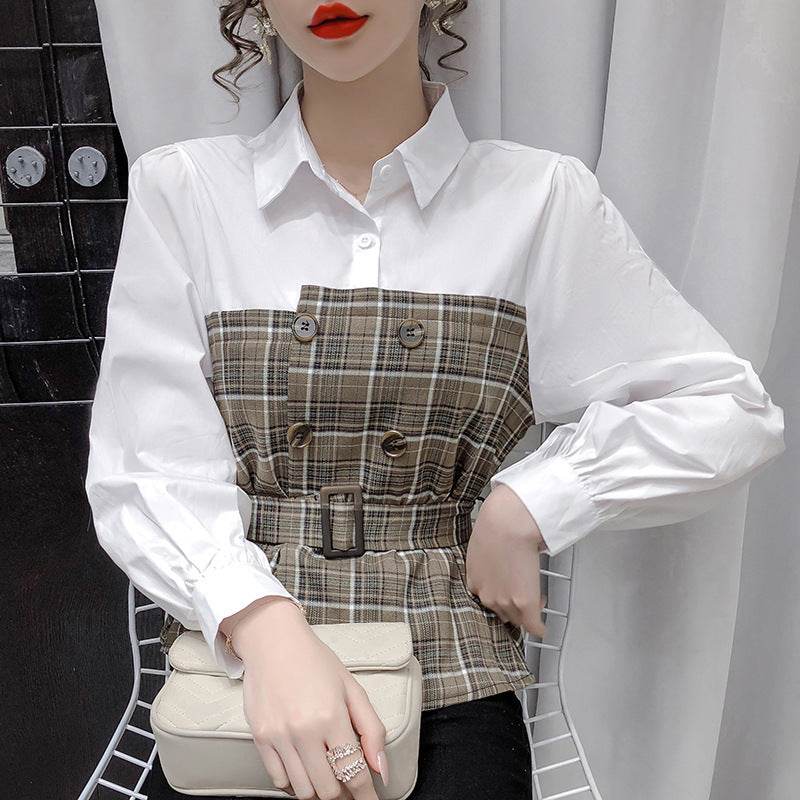 Women s Fake Two Piece Blouse With Plaid Shirt - Mubimart
