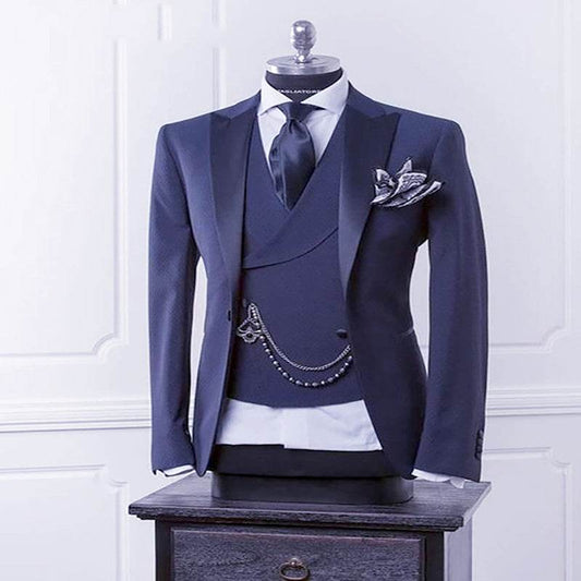 Navy Blue Men Blazer Business Modern Men Suit With Pants - Mubimart