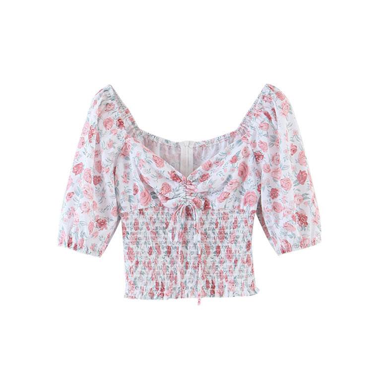 New Fashion Sweet Chic Floral Print Crop Tops Women Street Style Elastic Waist Deep V-neck Short Blouses Female Top De Moda - Mubimart