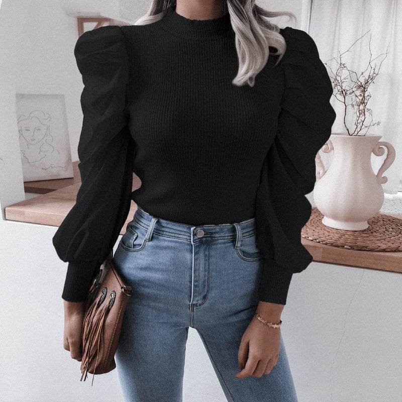 Blouse Women Puff Sleeve Knit Tops Streetwear T Shirt - Mubimart