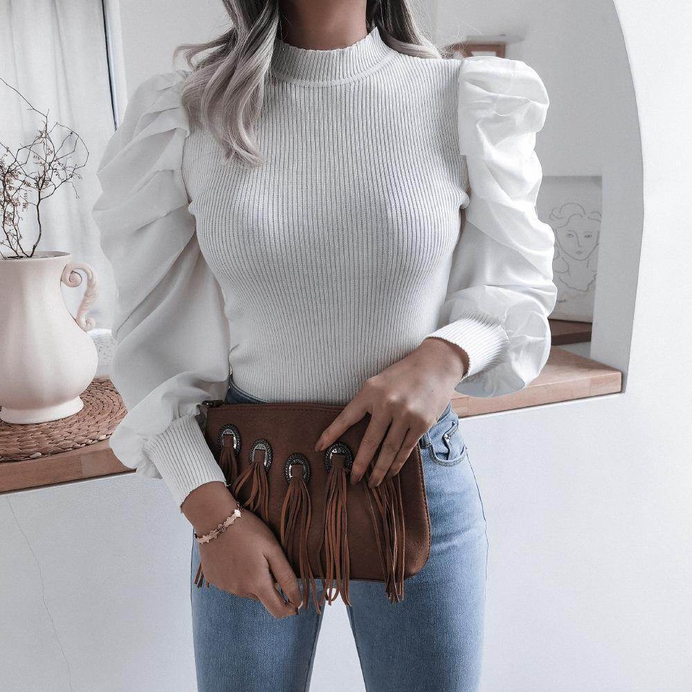 Blouse Women Puff Sleeve Knit Tops Streetwear T Shirt - Mubimart