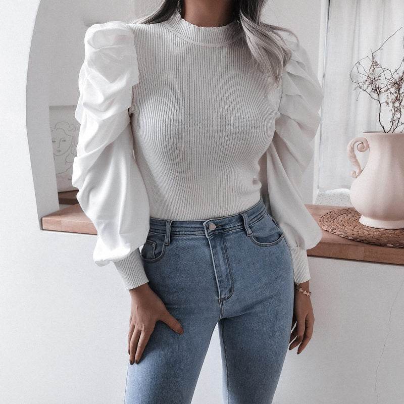 Blouse Women Puff Sleeve Knit Tops Streetwear T Shirt - Mubimart