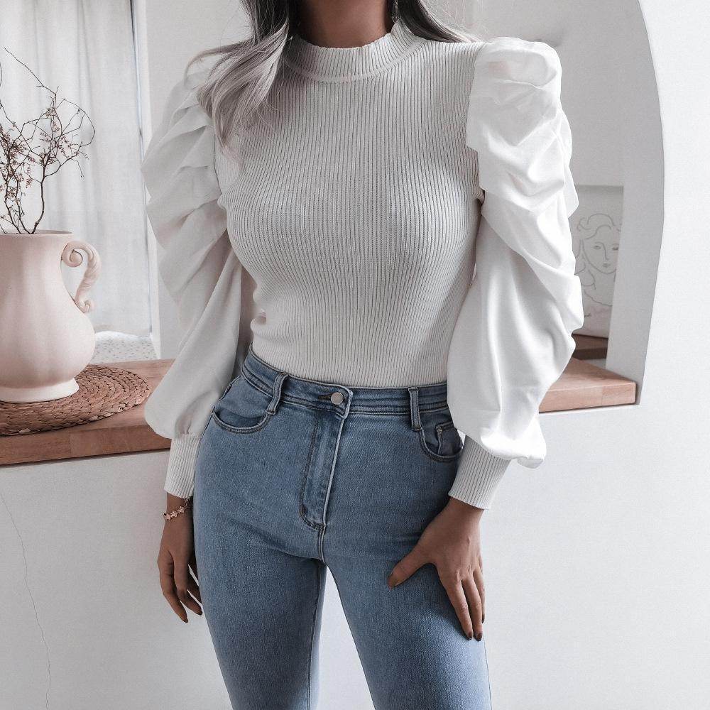 Blouse Women Puff Sleeve Knit Tops Streetwear T Shirt - Mubimart