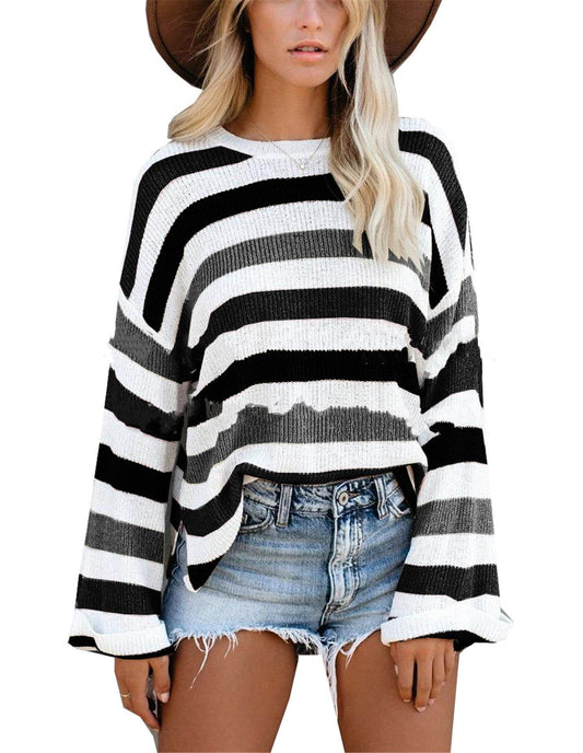 Plus Size Personalized Striped Knitted Sweater - Mubimart