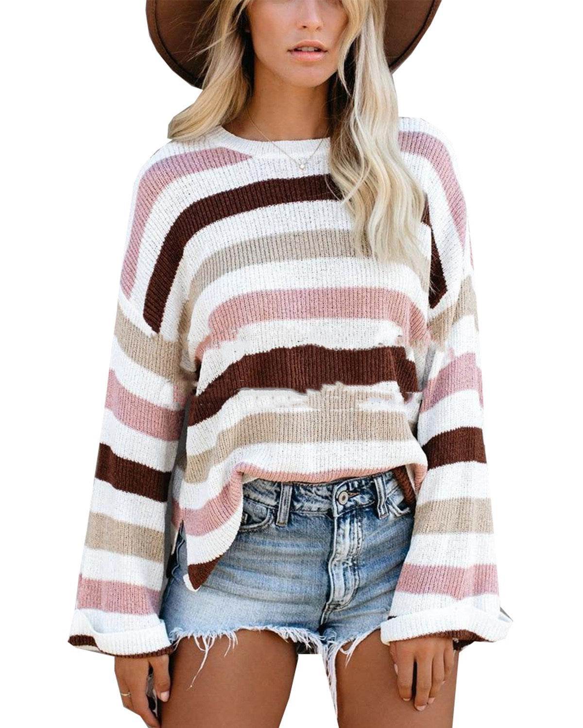 Plus Size Personalized Striped Knitted Sweater - Mubimart