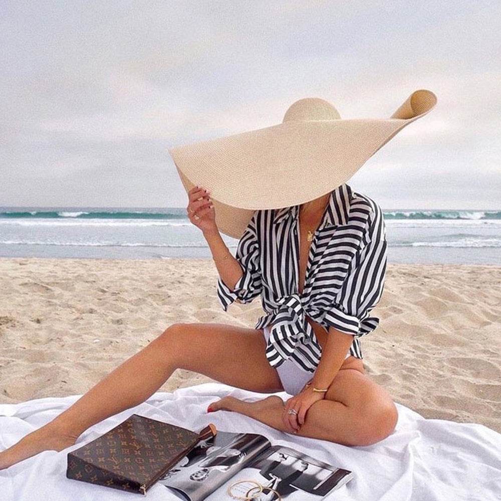 25CM Wide Brim Oversized Beach Hats For Women Large Straw Hat UV Protection - Mubimart