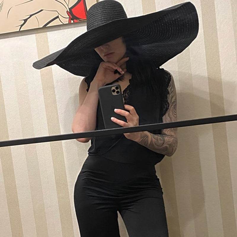 25CM Wide Brim Oversized Beach Hats For Women Large Straw Hat UV Protection - Mubimart