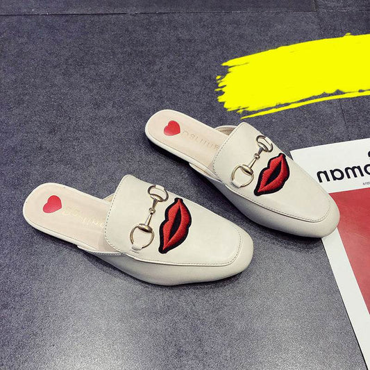 Half Slippers Women's Outer Wear Sandals Toe Caps Flat Bottom Lazy Mules - Mubimart