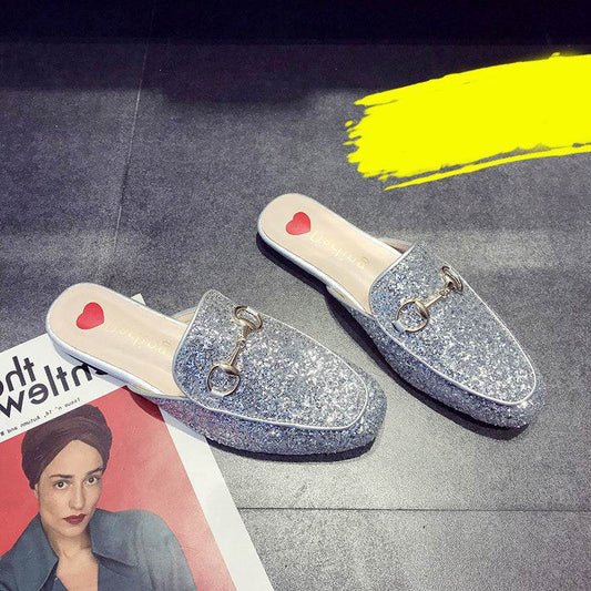 Half Slippers Women's Outer Wear Sandals Toe Caps Flat Bottom Lazy Mules - Mubimart