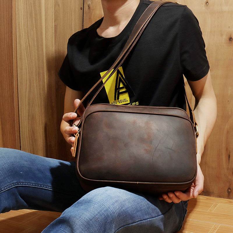 New Mens Single Shoulder Messenger Bag Retro Cowhide Casual Business Document Messenger Bag - Mubimart