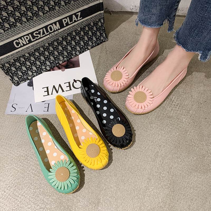Summer Chrysanthemum Rain Boots Ladies Low-Top Water Shoes Rain Boots Non-Slip Work Fashion Slope Heel Pumps Korean Cute - Mubimart