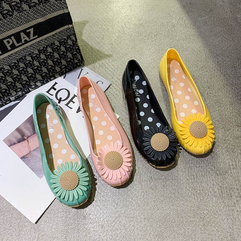 Summer Chrysanthemum Rain Boots Ladies Low-Top Water Shoes Rain Boots Non-Slip Work Fashion Slope Heel Pumps Korean Cute - Mubimart