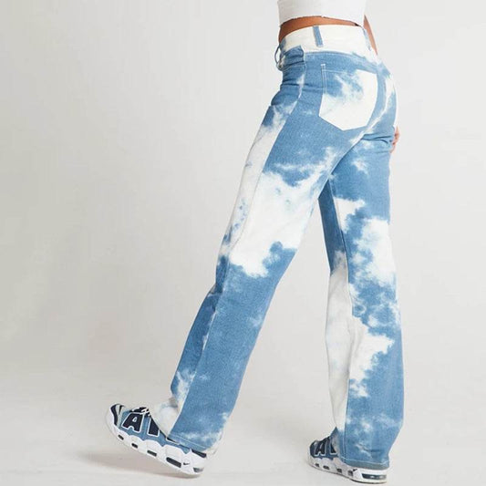 Tie Dye Print Straight Leg Jeans For Women - Mubimart