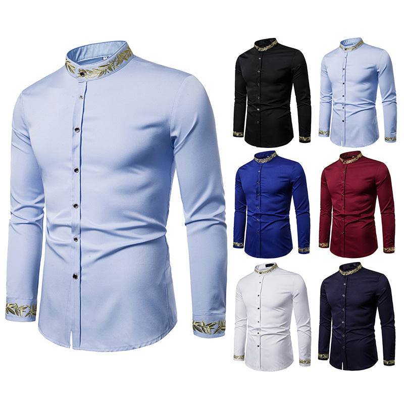 Gold Embroidery White Shirt Men Brand New Stand Collar Mens Dress Shirts Casual Slim Long Sleeve Chemise Homme Camisa Masculina - Mubimart