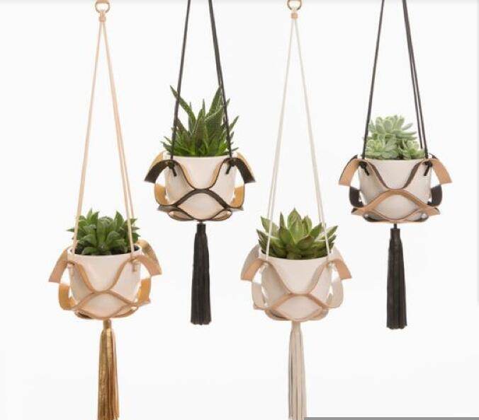 Leather Hanger Basket Macrame Wall Hanging Planter Shelf Decorative Flower Pot Holder Boho Home Decor for Small Plants - Mubimart
