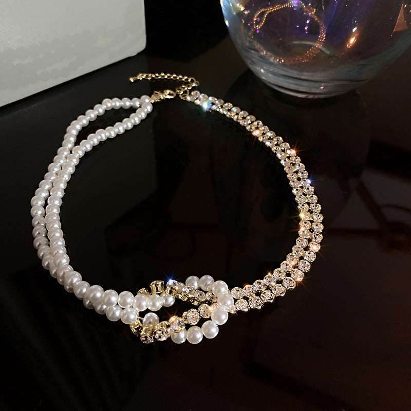 Pearl Crystal Choker Necklaces For Women Short Chain Rhinestone Necklaces Statement Jewelry - Mubimart