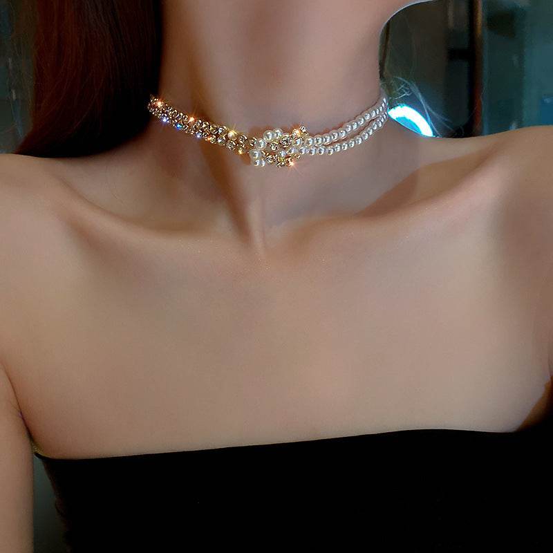 Pearl Crystal Choker Necklaces For Women Short Chain Rhinestone Necklaces Statement Jewelry - Mubimart