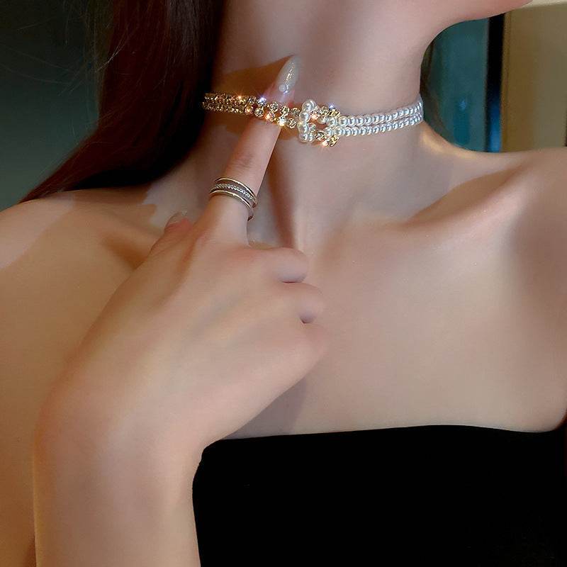 Pearl Crystal Choker Necklaces For Women Short Chain Rhinestone Necklaces Statement Jewelry - Mubimart
