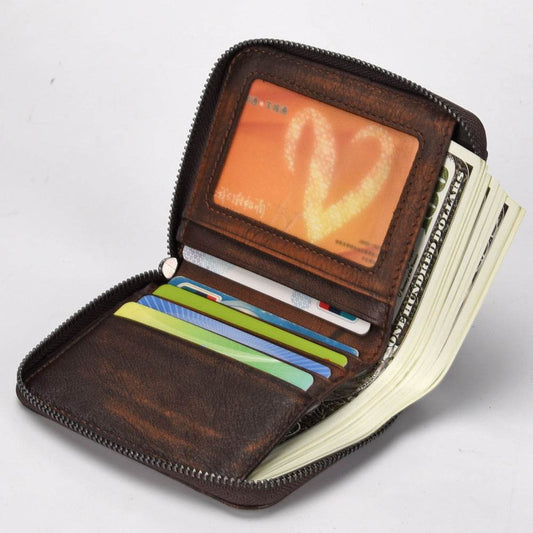 Men'S Short Head Leather Wallet Men'S Retro Wallet Vertical Zipper Leisure Youth Wallet - Mubimart