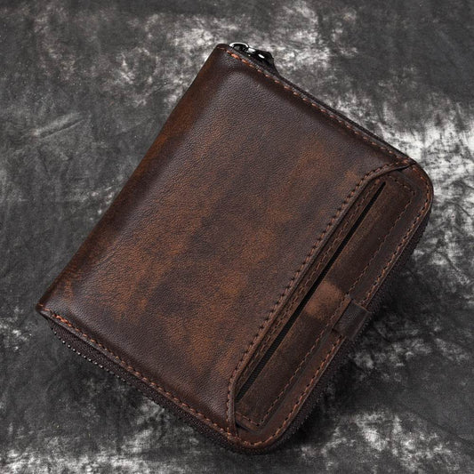 Men'S Short Head Leather Wallet Men'S Retro Wallet Vertical Zipper Leisure Youth Wallet - Mubimart