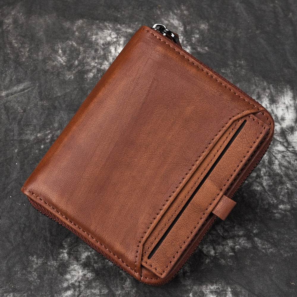 Men'S Short Head Leather Wallet Men'S Retro Wallet Vertical Zipper Leisure Youth Wallet - Mubimart