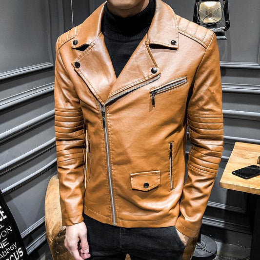 Men's Leather Slim PU Leather Jacket Lapel Jacket - Mubimart