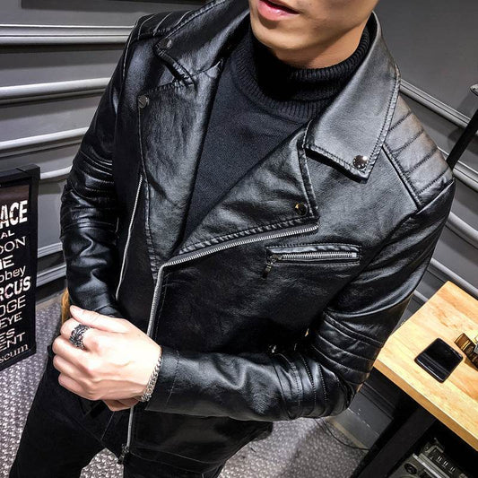 Men's Leather Slim PU Leather Jacket Lapel Jacket - Mubimart