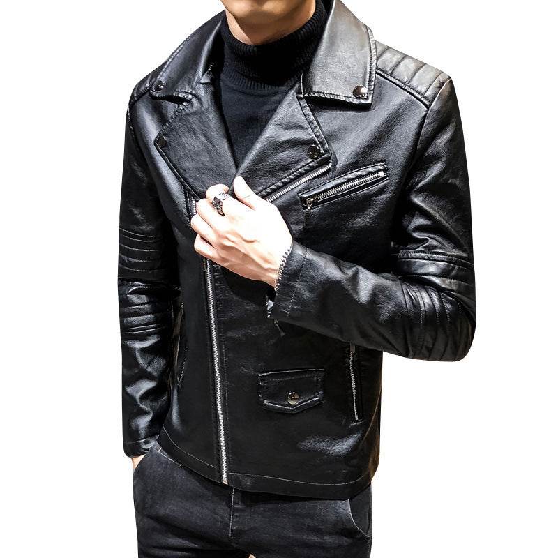 Men's Leather Slim PU Leather Jacket Lapel Jacket - Mubimart