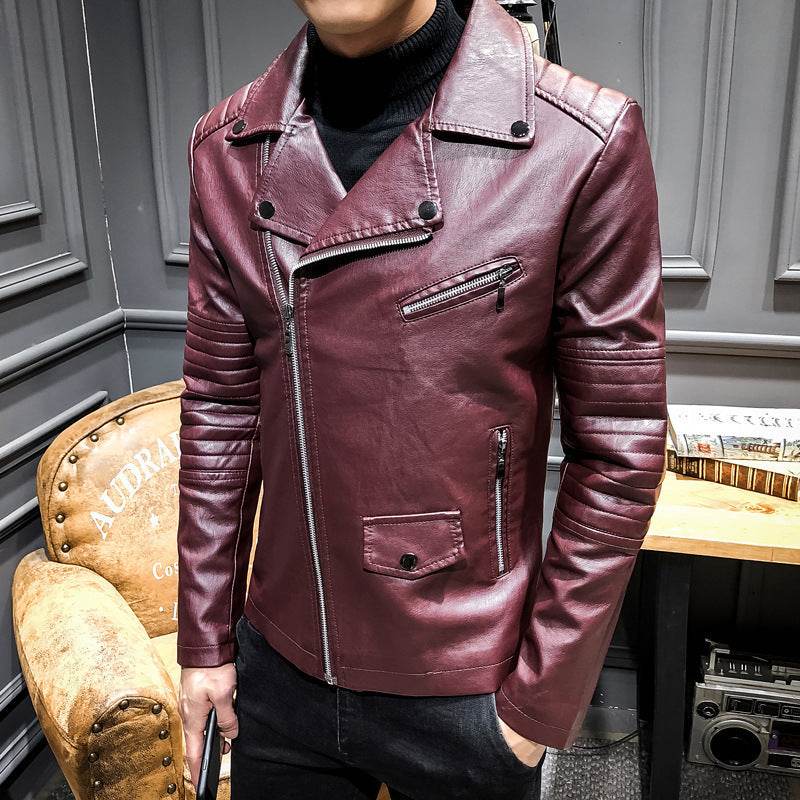 Men's Leather Slim PU Leather Jacket Lapel Jacket - Mubimart