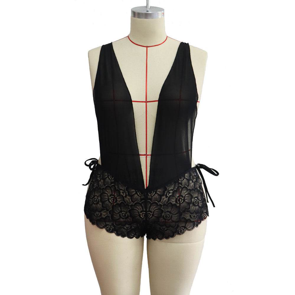 Large Size Sexy Lingerie Women Lace See-Through Sexy One-Piece Tights Nightdress - Mubimart