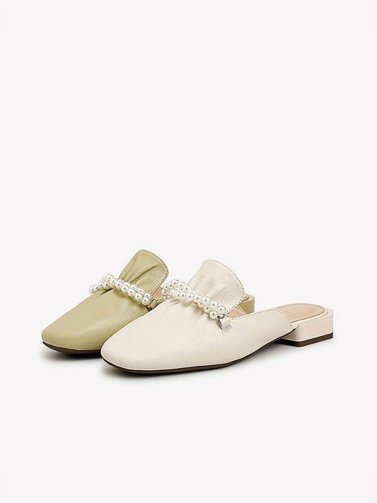 Cow Leather Square Head Pearl Decoration Women's Slippers Casual Mules - Mubimart