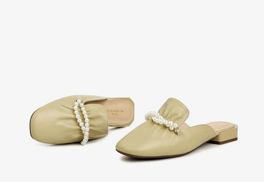 Cow Leather Square Head Pearl Decoration Women's Slippers Casual Mules - Mubimart