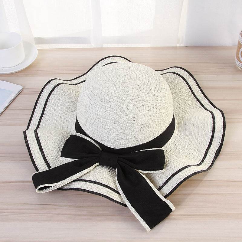 Summer Sun Hat Women Straw Hats Sunshade Panama Fashion Bow Beach Hat Foldable Travel Caps - Mubimart