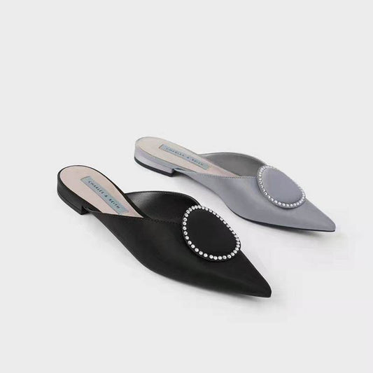 Shallow Mouth Toe Cap Metal Slingback Mules Silk Top Rhinestone Small Ck Flat Shoes - Mubimart