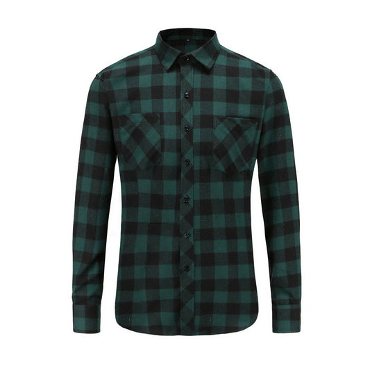 Flannel Double Pocket Men's Plaid Brushed Long Sleeved Shirt - Mubimart