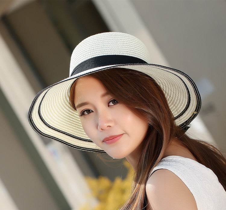 Sun Hat Big Black Bow Summer Hats For Women Foldable Straw Beach Panama Hat Visor Wide Brim Femme Female New - Mubimart
