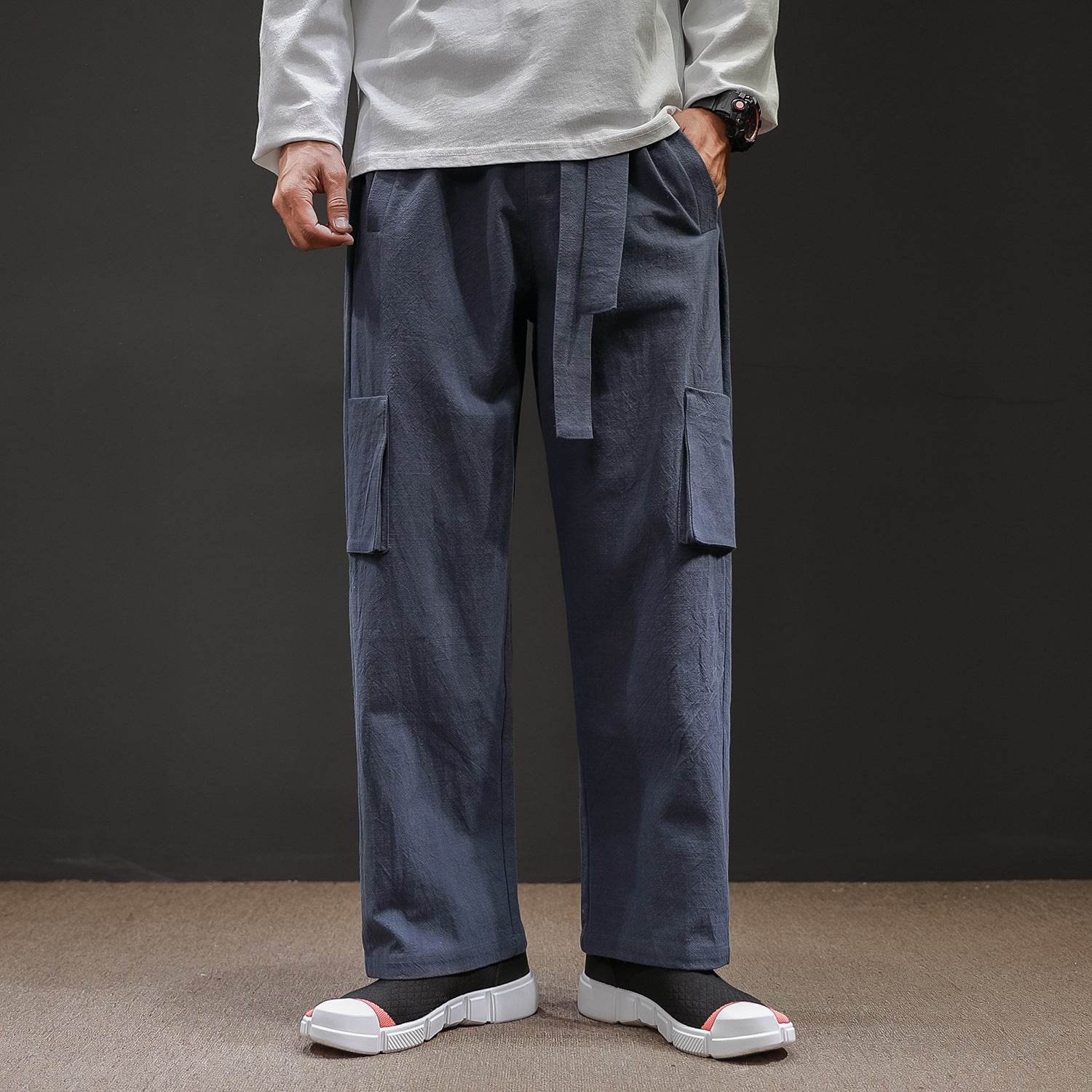 Straight Mid-Waist Lace-Up Cargo Pants - Mubimart