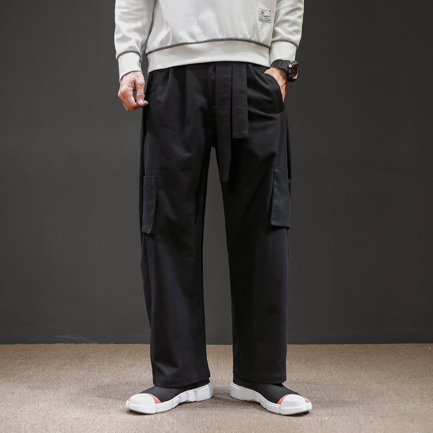 Straight Mid-Waist Lace-Up Cargo Pants - Mubimart