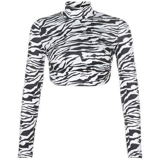 HEYounGIRL Animal Zebra Print Backless Cropped Tshirt Women Sexy Long Sleeve T-shirt Ladies Fashion Crop Tops Tees Streetwear - Mubimart