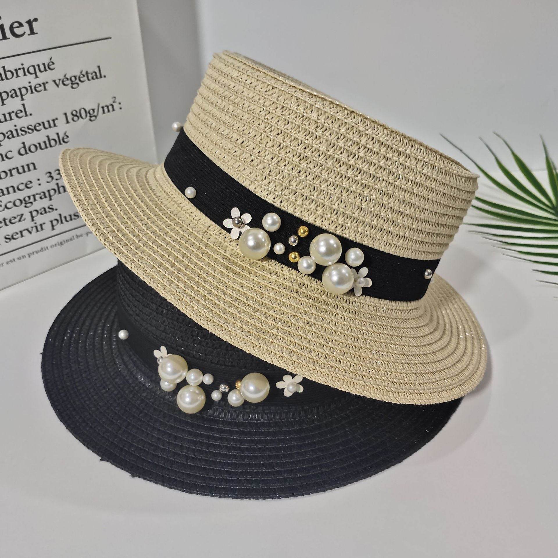 Parent-child Sun Hat Cute Children Sun Hats Pearl Bow Hand Made Women Straw - Mubimart