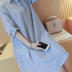 Plus Fat Plus Size Fat Mm Long Vertical Striped Shirt Cotton And Linen Dress Shirt Skirt - Mubimart