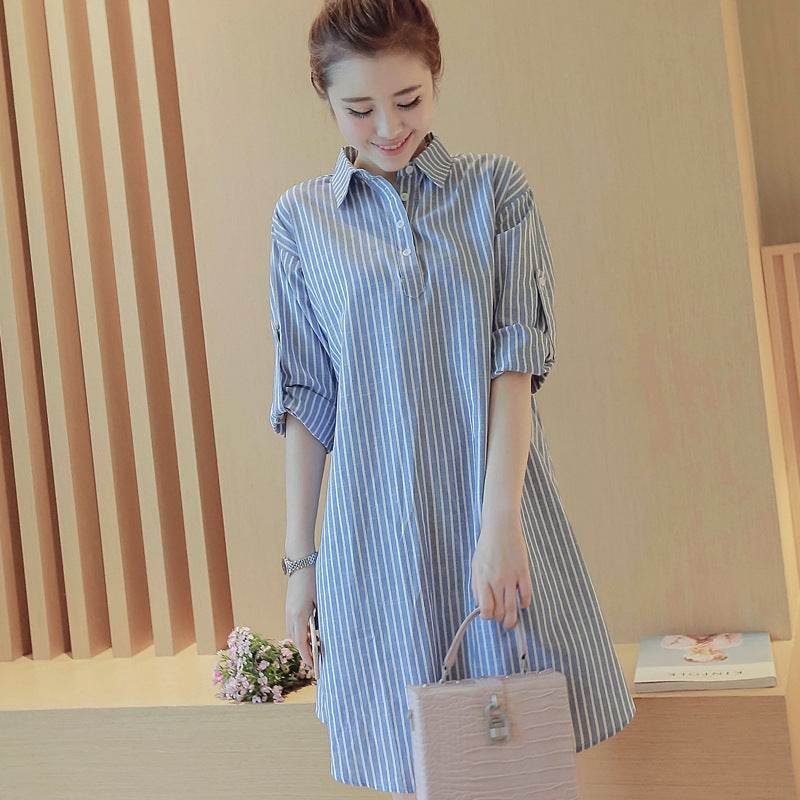 Plus Fat Plus Size Fat Mm Long Vertical Striped Shirt Cotton And Linen Dress Shirt Skirt - Mubimart
