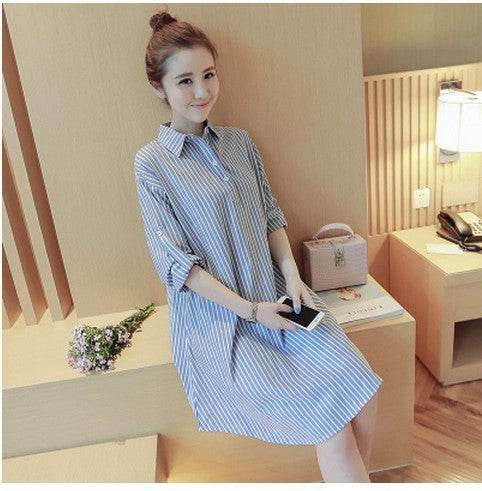 Plus Fat Plus Size Fat Mm Long Vertical Striped Shirt Cotton And Linen Dress Shirt Skirt - Mubimart
