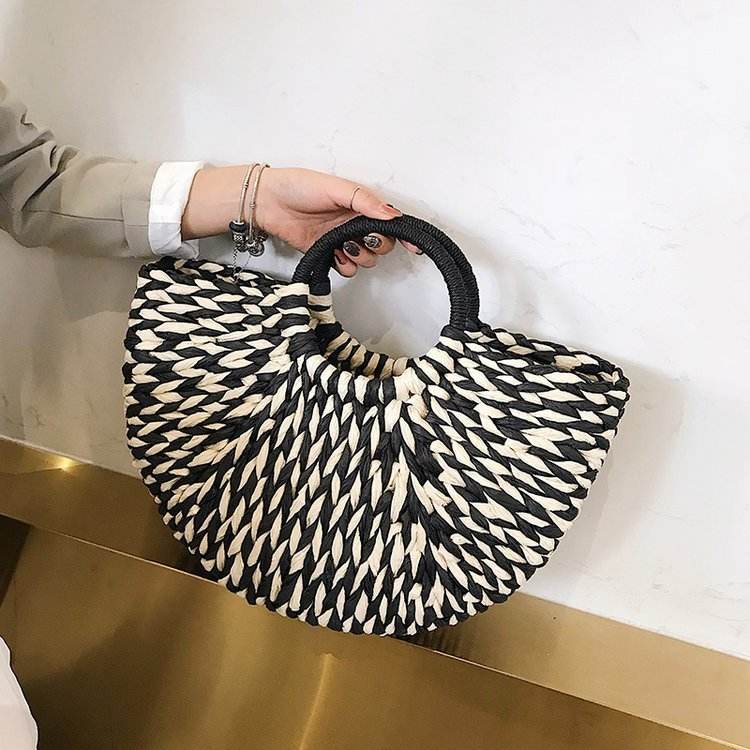 New Straw Bag Women Hand-Woven Hollow Handbag Moon Shape Rattan Bag Big Capacity Drawstring Handbag Casual Travel Beach Bag - Mubimart