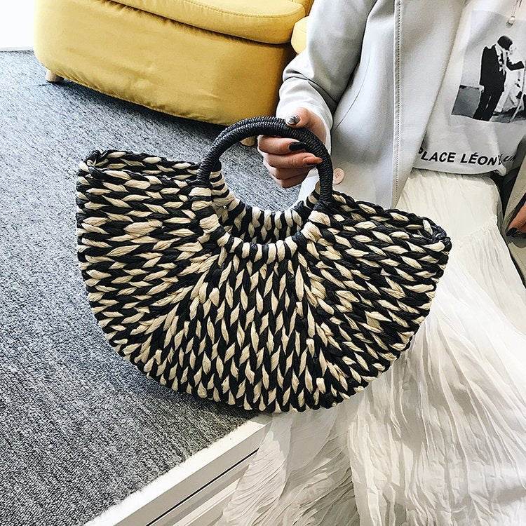 New Straw Bag Women Hand-Woven Hollow Handbag Moon Shape Rattan Bag Big Capacity Drawstring Handbag Casual Travel Beach Bag - Mubimart