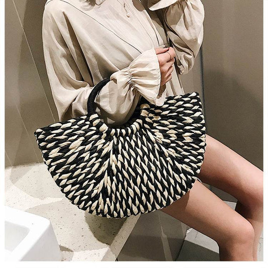New Straw Bag Women Hand-Woven Hollow Handbag Moon Shape Rattan Bag Big Capacity Drawstring Handbag Casual Travel Beach Bag - Mubimart