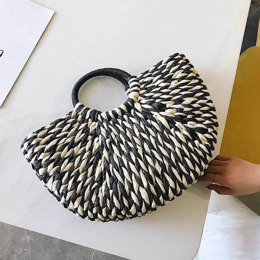 New Straw Bag Women Hand-Woven Hollow Handbag Moon Shape Rattan Bag Big Capacity Drawstring Handbag Casual Travel Beach Bag - Mubimart