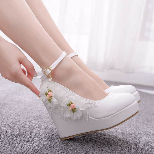 Wedge Heel Lace Flower Wedding Shoes - Mubimart