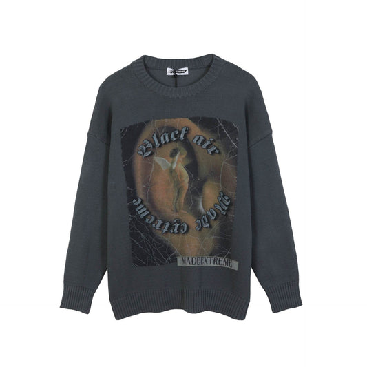 High Street Retro Printed Sweater Men's Trendy Brand Design Sense Loose Knitted Top - Mubimart