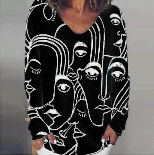 Abstract Print Long Sleeve Loose Plus Size T-shirt - Mubimart